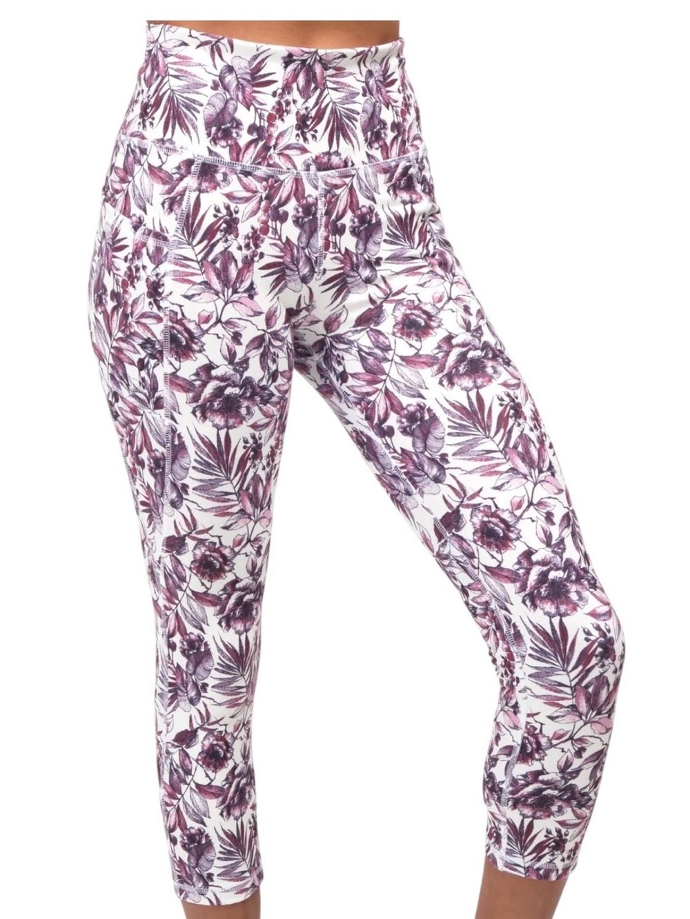 NWOT OEKO-TEX High-Rise Floral Active Capri Leggings in White & Purple